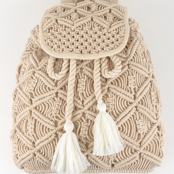 1 Left Crochet Cotton Boho Backpack w/Tassels - Picture 2 of 8